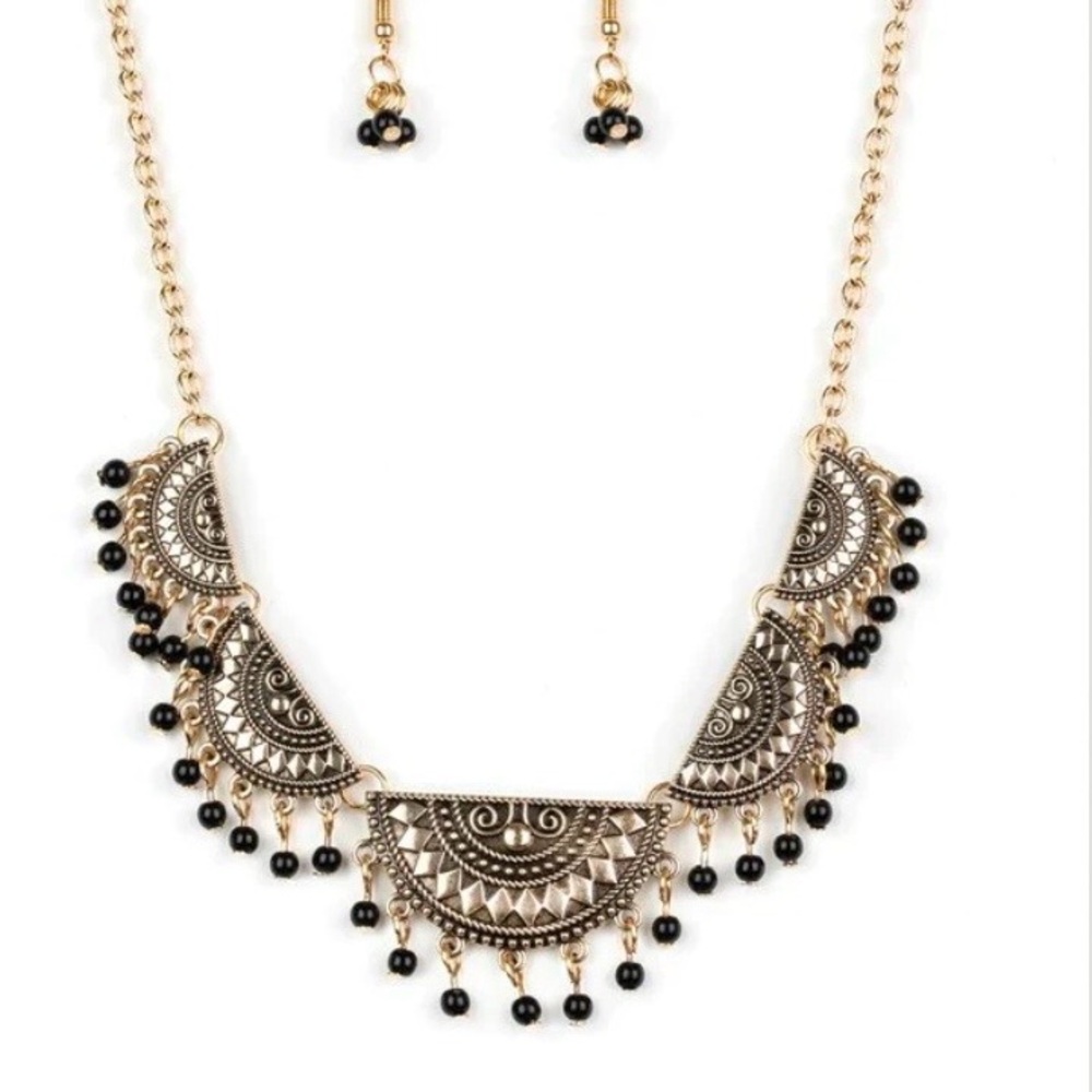 Paparazzi Black and Gold Tribal Necklace Set